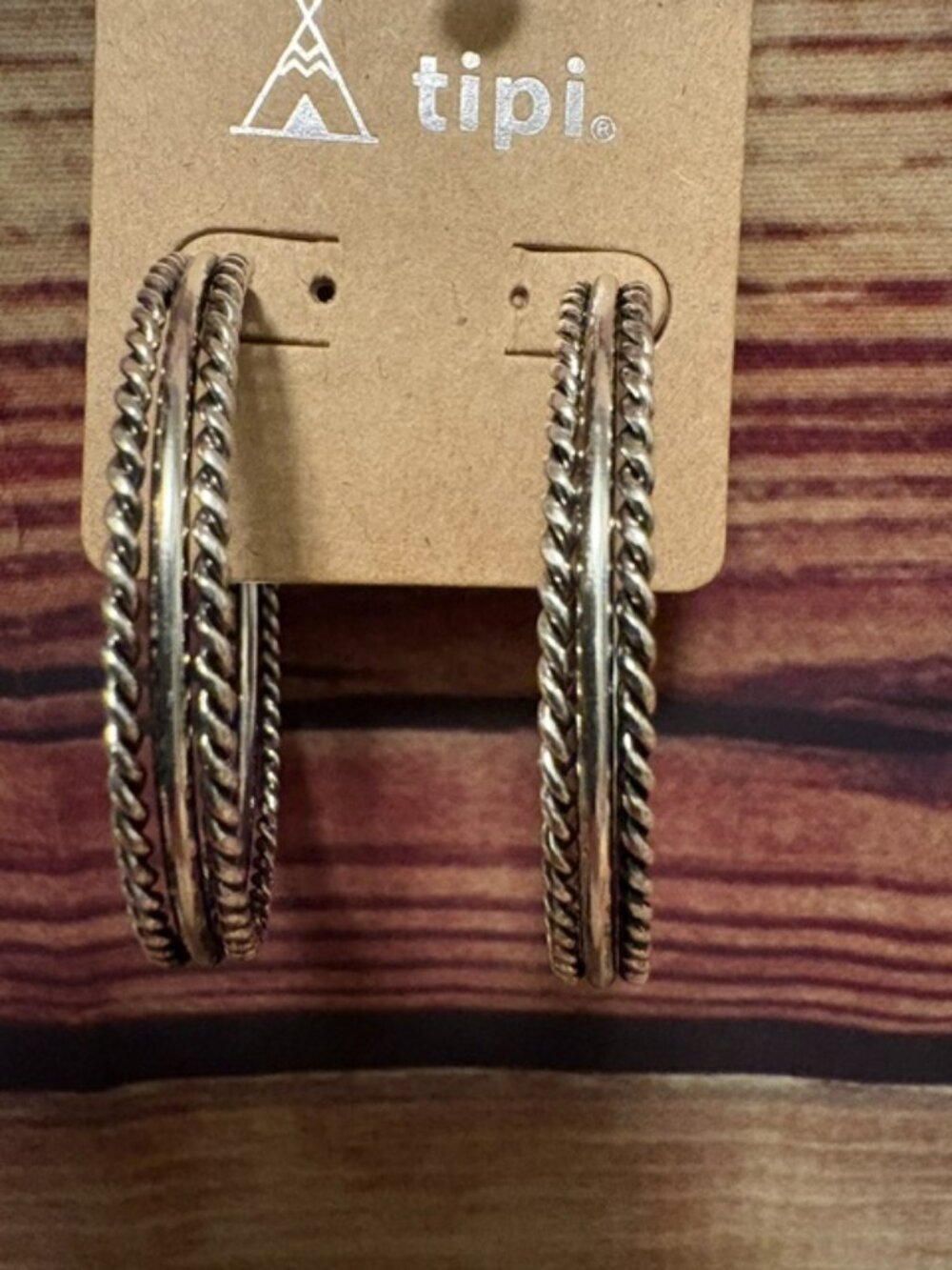 Tipi Antiqed Silver Tone Etched Western Hoop Earrings NWT Boho Cowgirl